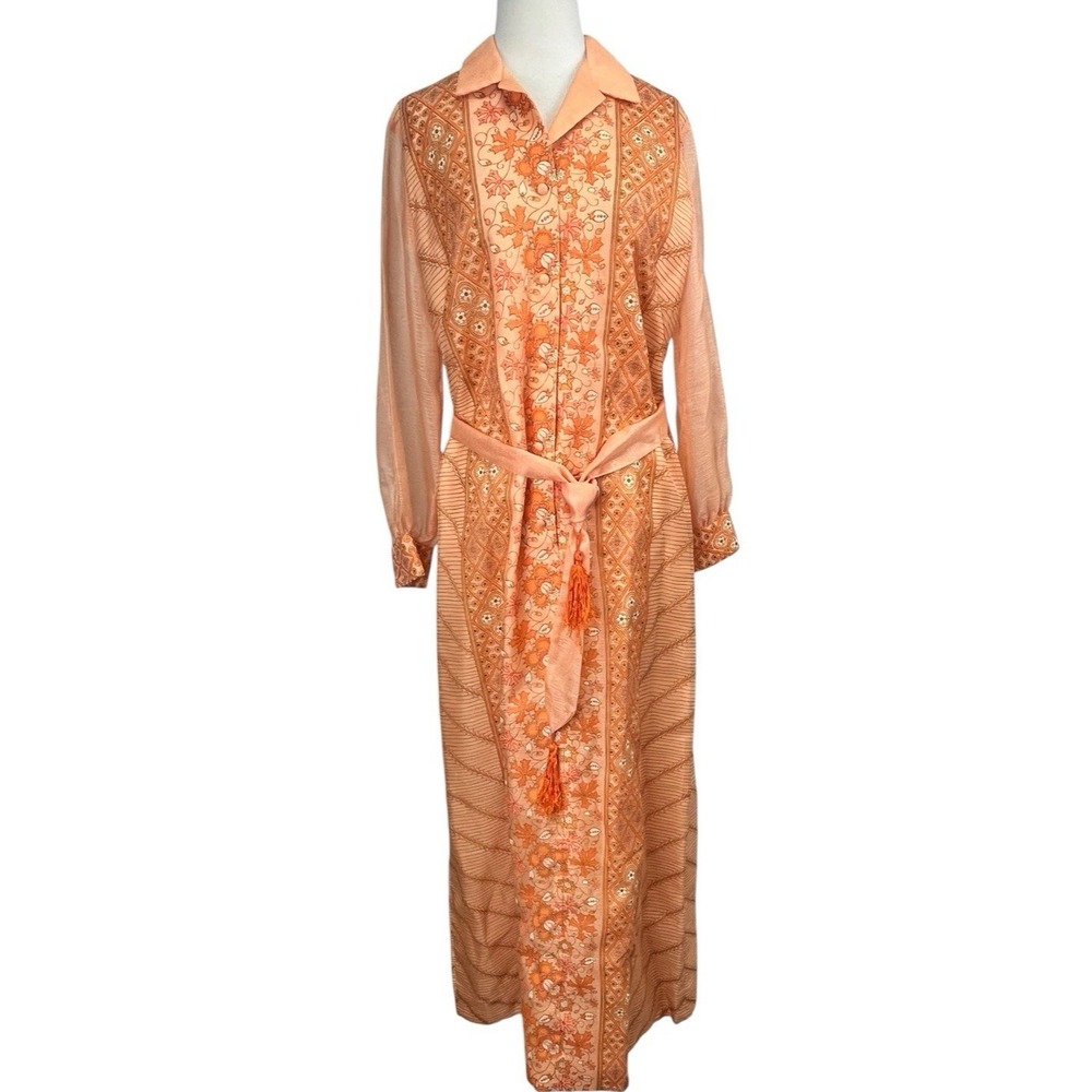 Vintage Alfred Shaheen Hawaii Maxi Dress Large Orange Floral Belt Sheer Sleeves